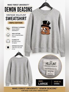 Hillflint Wake Forest U Demon Deacons Mascot Crewneck Sweatshirt Gray Large